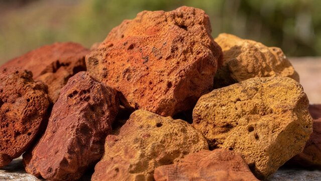 Pile of rough ochre bauxite ore samples in red and yellow, close-up with shallow focus.