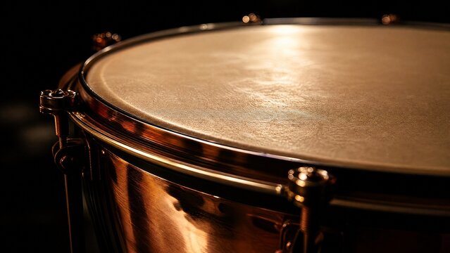 Extreme close-up of a polished copper kettledrum under a spotlight.