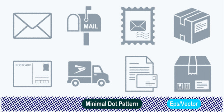 A collection of eight postal and shipping icons, including envelopes, a mailbox, a stamp, packages, a postcard, a delivery truck, and documents, in a dot pattern style. vector illustration