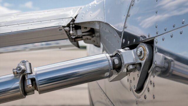 Close-up of an aircraft aileron's hinge and actuator, polished metal surface.