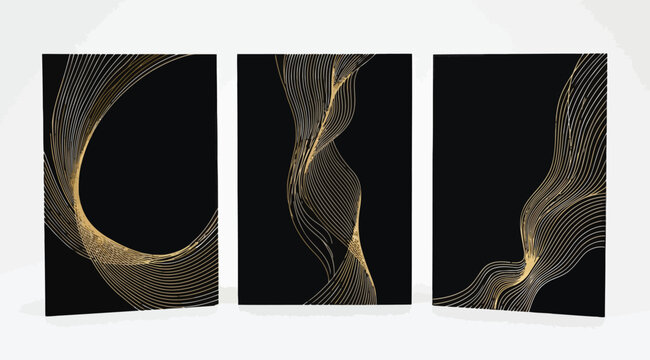 Set of abstract posters with gold fluid wave lines