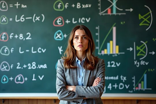 Young female entrepreneur standing before a large chalkboard filled with vibrant mathematical equations and graphs, displaying a mix of perplexity and determination.