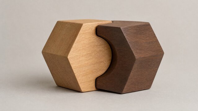 Two minimalist wooden geometric shapes, convex and concave, interlocked.