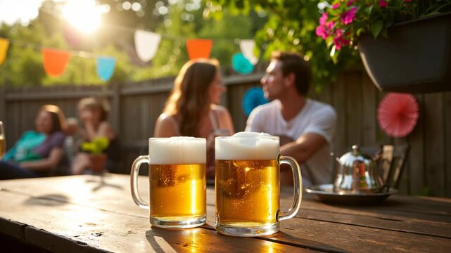 A man and woman seated together with beers in front of them on a wooden table at an outdoor cafe. The setting is brightly lit, suggesting it's daytime or the sun is shining.