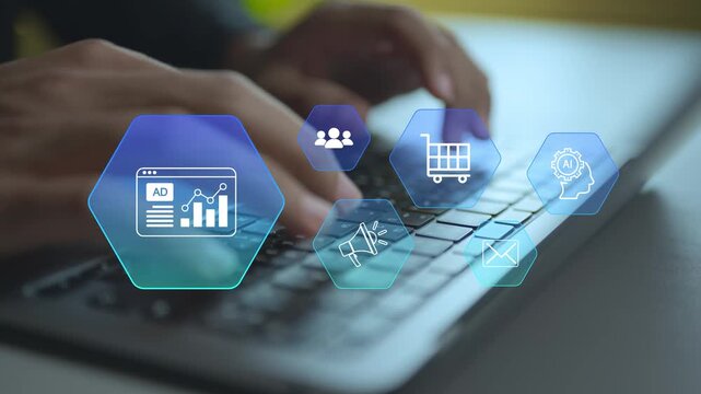 Digital marketing and advertising strategy concept. Person using laptop with social media and performance icons, paid campaigns, customer engagement and business growth.