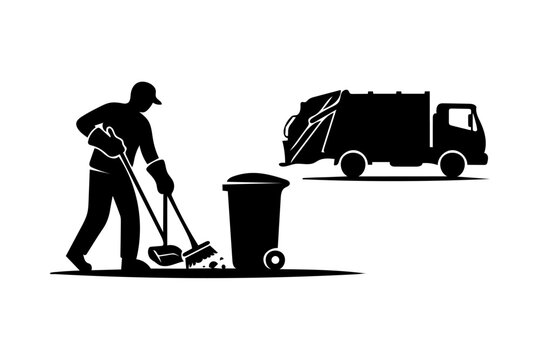 Silhouette of a sanitation worker sweeping street near garbage truck with sanitation sweeping cleaning