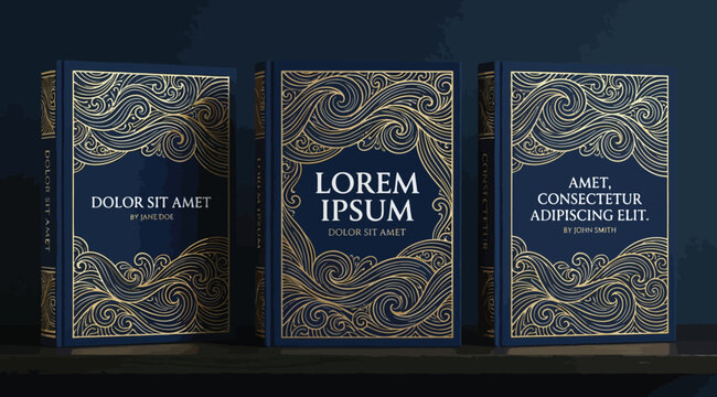 Set of three book covers with ornate gold swirl patterns on dark blue background with placeholder text