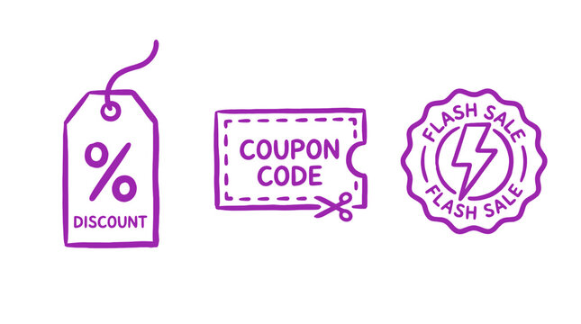 Purple hand drawn promotional icon set featuring a percentage discount tag coupon code ticket and flash sale lightning bolt badge discount promotion shopping marketing commerce percentage