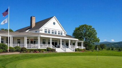 Fototapeta premium Pristine white wooden clubhouse beside manicured green golf course.
