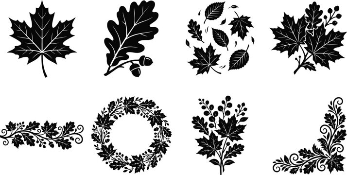 Black autumn leaves and acorns