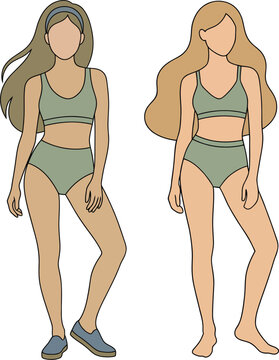 Female Body Fashion Flat Illustration Swimwear Croqui Template Vector Design