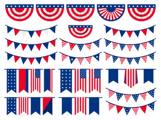 Fototapeta premium Collection of American Flag Themed Bunting and Banners for Patriotic Celebrations and Decorations