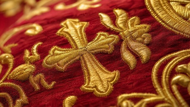 Extreme close-up of intricate gold thread embroidery on rich red fabric.