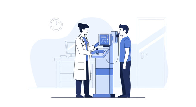 Medical Checkup: Doctor Tests Patient's Lung Function with Spirometry Device