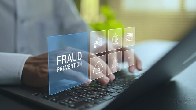 Fraud prevention concept. Person using laptop with cybersecurity and protection icons, risk management, identity verification and secure digital transactions.