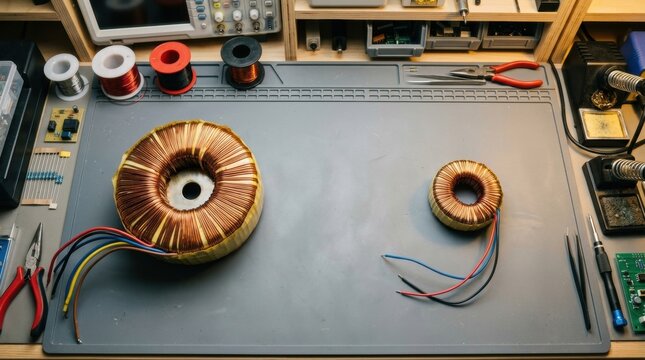 Toroidal transformer on workbench for electronic component assembly. Copper wire coil for power supply repair. Electrical engineering equipment and hardware for soldering laboratory project.