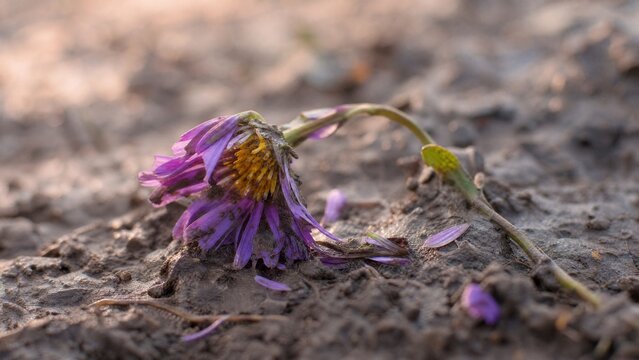 Trampled wildflower in muddy soil under soft morning light, close-up view.