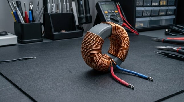 Toroidal inductor on a workbench in an electronics repair shop. Copper wire coil component for power supply and circuit board. Electrical engineering hardware and manufacturing concept.