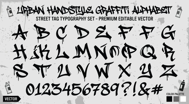 Urban handstyle graffiti alphabet street tag typography set
