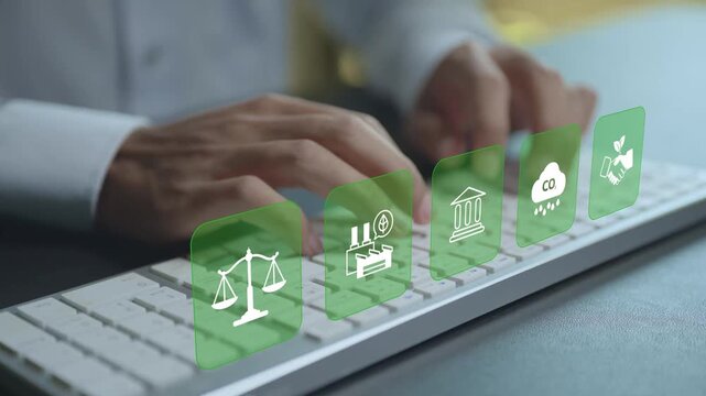 Global environmental law and compliance concept. Person typing keyboard with justice and ecology icons, international regulations, sustainable governance and environmental protection policies.