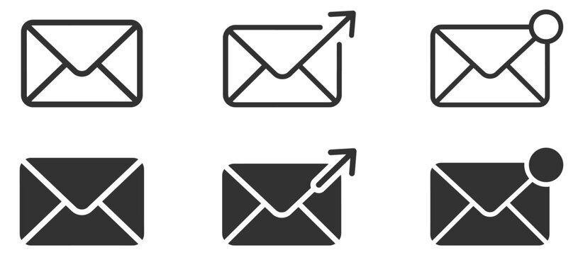 email envelope icons set with outgoing arrow and notification dot vector illustration on transparent background