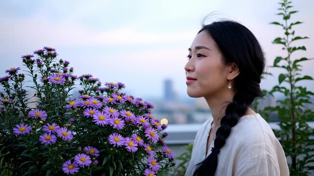 Woman smells purple aster flowers in rooftop garden. Lady enjoys flower fragrance near city skyline. Woman with aster blooms at sunset. Purple flowers and woman on urban terrace. Garden relaxation.
