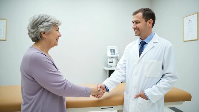 A doctor and patient engage in a friendly handshake after a successful medical consultation. The setting suggests a professional healthcare environment.
