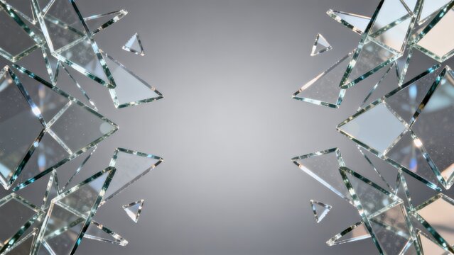 Shattered glass fragments on gray background