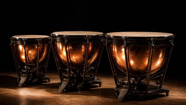 Three timpani drums with polished copper bowls reflecting light on a dark stage.