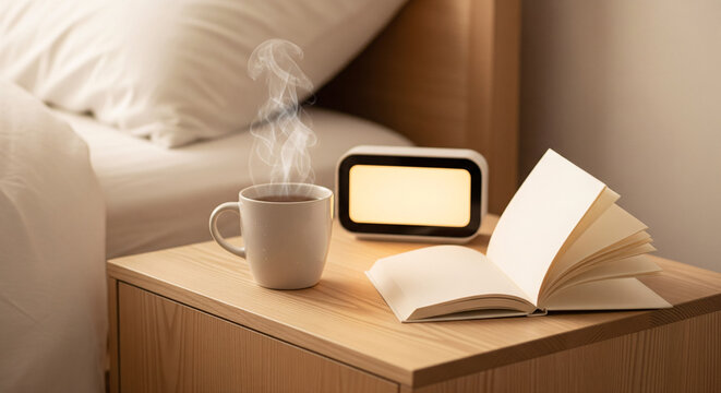 Cozy bedside table with a steaming white mug of tea, an open book, and a glowing digital alarm clock on a wooden nightstand. Peaceful morning routine or bedtime relaxation concept.