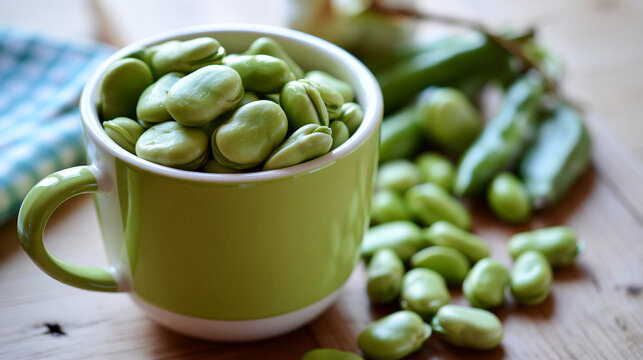 Freshly shelled broad beans in a green mug on a wooden table