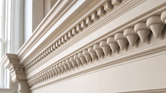 Classical architecture cornice featuring conical guttae details under soft window light.