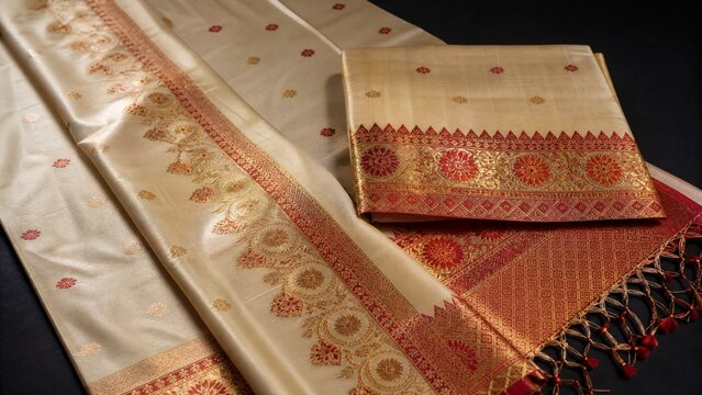 Traditional Assamese silk garment with gold and red patterns on dark background.