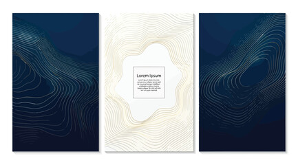 Set of luxury backgrounds with golden topographic lines on dark blue, elegant abstract pattern for wedding invitation, greeting card, or banner design © Saharia