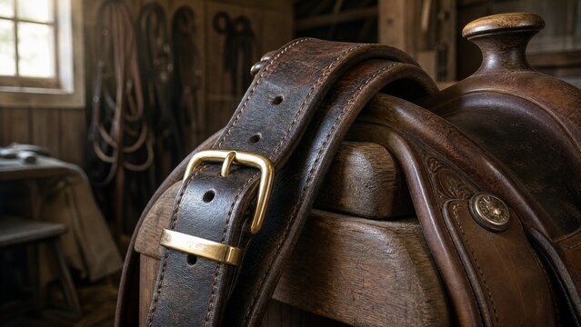 Leather horse girth draped over a wooden saddle, brass buckle gleaming.