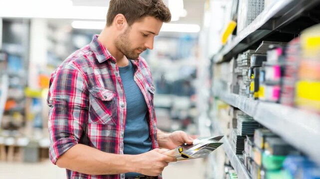 A man examining a product on the shelf in a retail store. He is dressed casually with a plaid shirt and appears to be reading labels or product information.