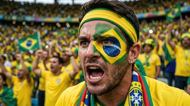 Brazilian soccer fan with face paint cheering at stadium