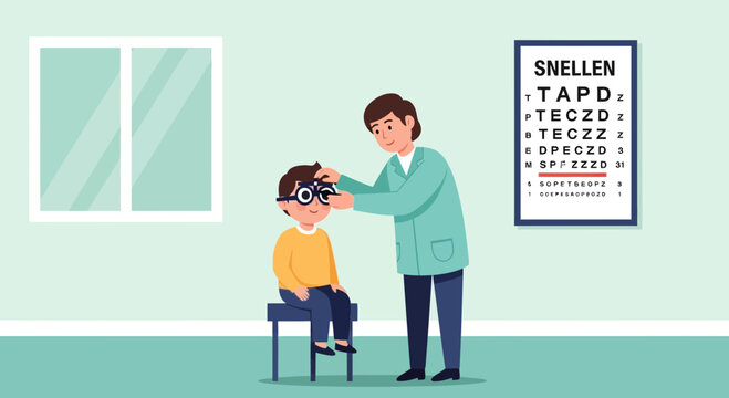 Child eye exam with eye chart and optometrist in clinic room. Vector illustration.
