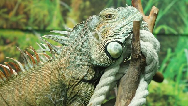 Close up of a green iguana lying on a tree branch with a thick rope in a terrarium. An exotic large lizard rests against a blurred background of tropical greenery.