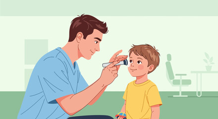Fototapeta premium Pediatric ophthalmologist examines child's eye with otoscope in clinic