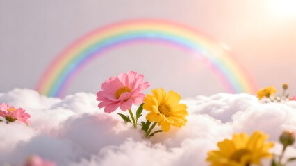 Naklejka premium Flowers in clouds with rainbow