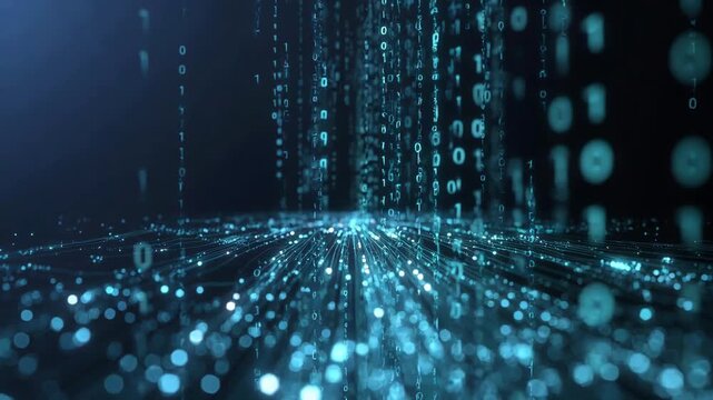 Falling binary digits forming glowing digital streams on a dark background, concept of data flow and information motion