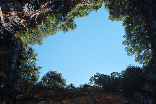 Cave entrance with blue sky and tree-covered rocky edges