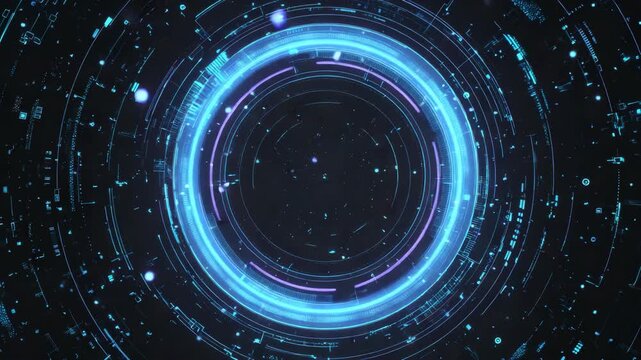 Abstract representation of a futuristic computer interface with cosmic ry in blue and purple hues.