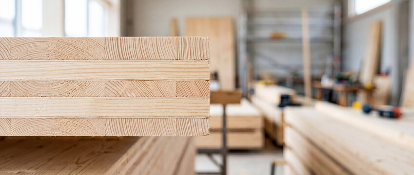 Stacked laminated timber beams in woodworking workshop for construction and carpentry projects