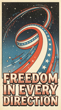 Giant Patriotic Ribbon Swirling Through Fireworks Filled Summer Sky