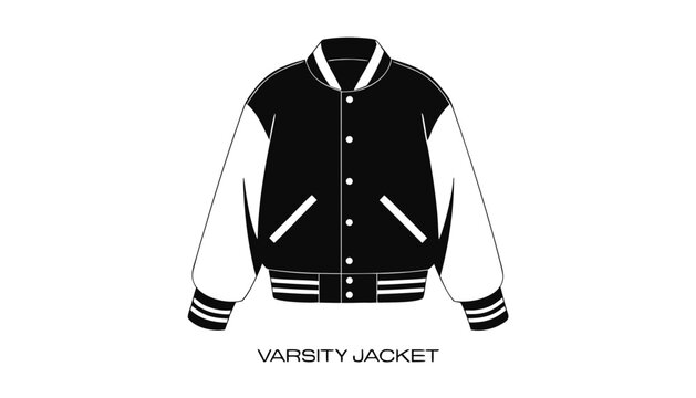 Very beautiful black and white vector illustration of a VARSITY JACKET with classic collegiate silhouette, snap-button details, isolated on white background, with the garment name "VARSITY JACKET" dis
