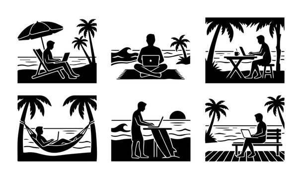 Remote Work Beach Scenes, Digital Nomad Lifestyle Vector Icons, Tropical Freelancer Work Set