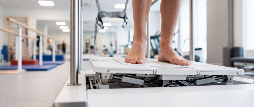 Bare feet on gait training platform in physical therapy clinic for balance and rehabilitation
