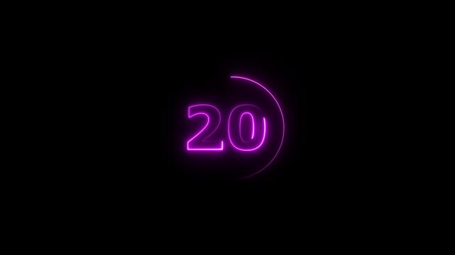 Glowing neon 25 second countdown timer animation from 25 seconds to 0 seconds. colorful black background 